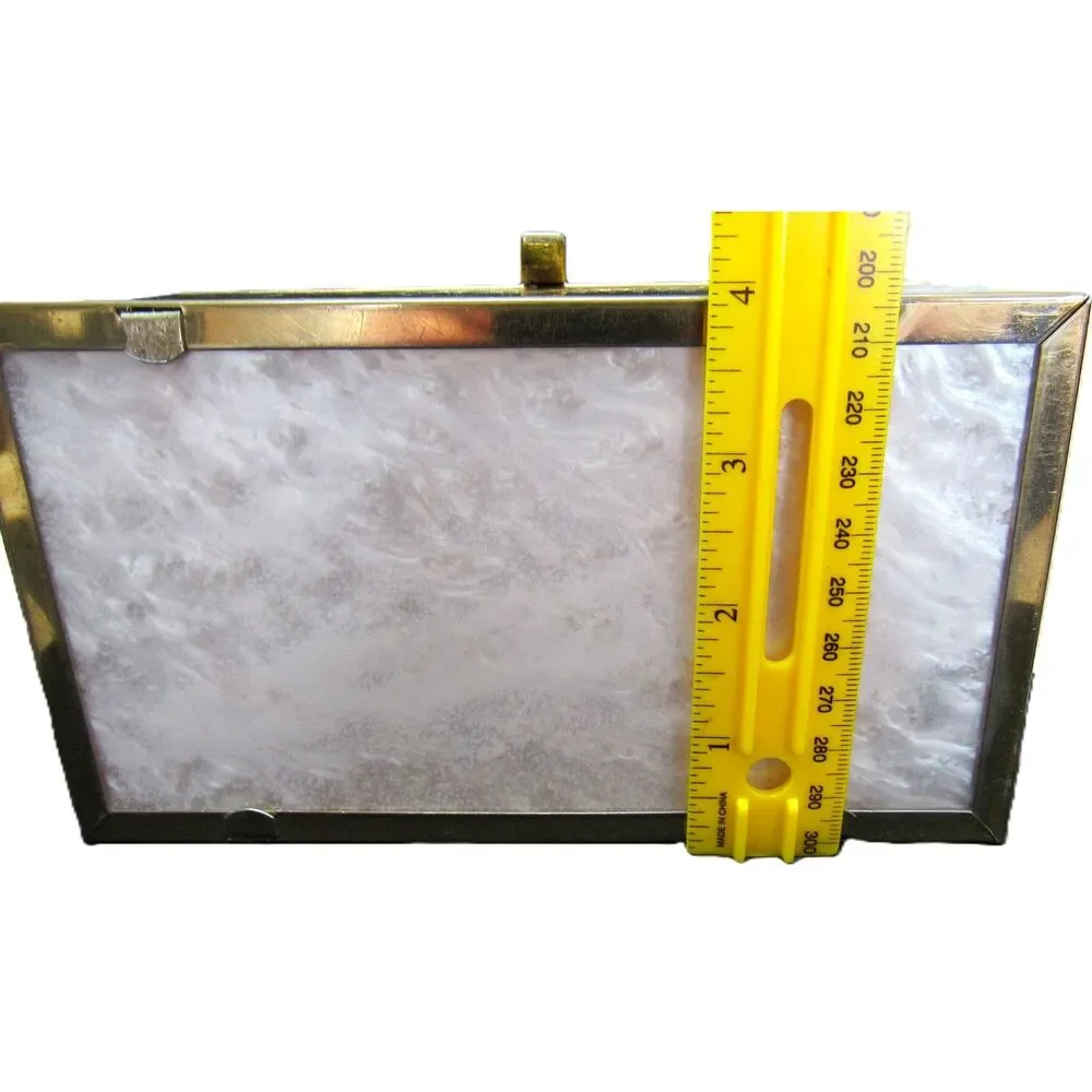 Lucite pearl purse box brass filigree trim with Mirror handbag 1950 mid century